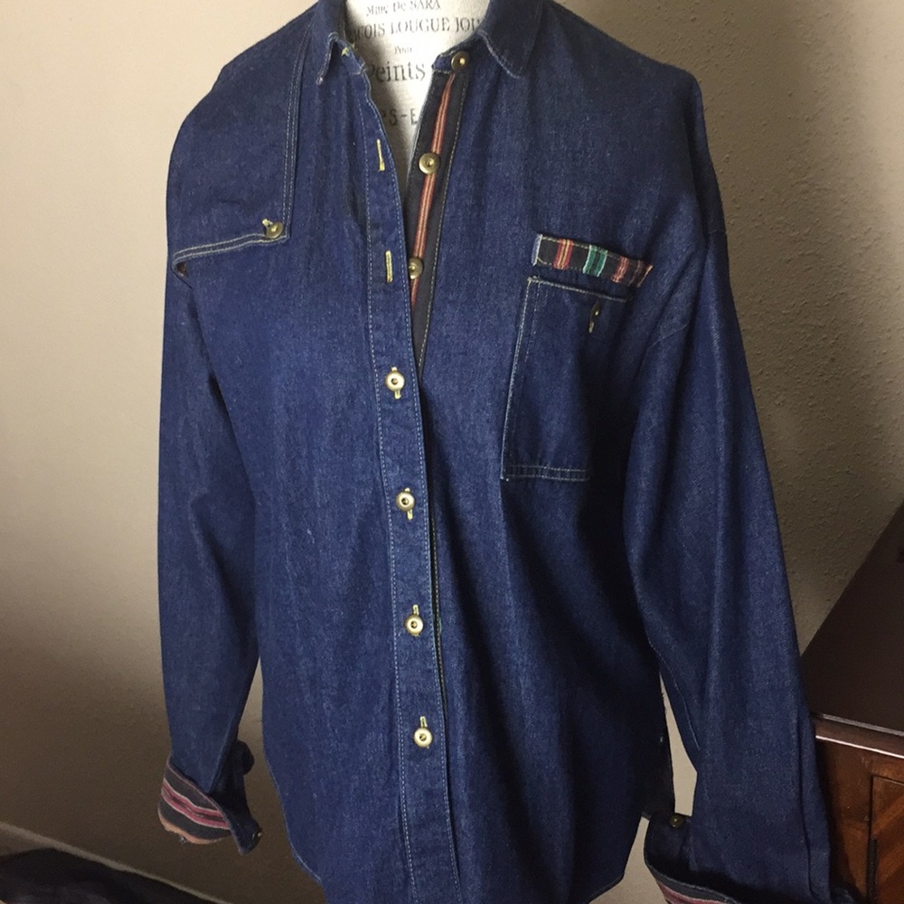 Cameo Rose Western Cowgirl Denim Aztec Trim Shirt